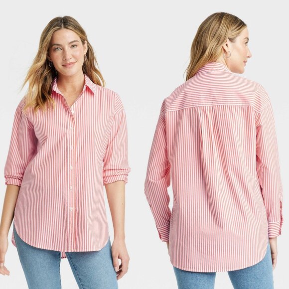 XS - Womens Oversized Long Sleeve Collared Button-Down Shirt - UniThread - Red - Picture 1 of 8